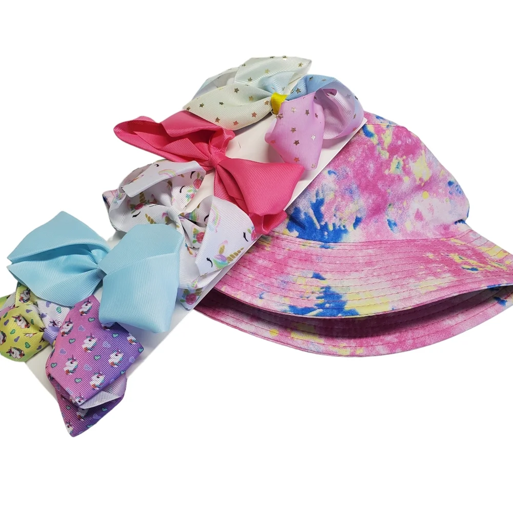 NWOT Girls Bundle Tye Dye Bucket Hat & Hair Bows 5 Pack